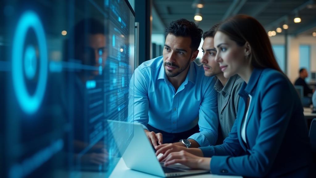 Ein Team von Ingenieuren diskutiert Pläne für den Ausbau der Infrastruktur vor einer digitalen Karte