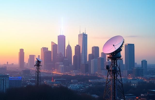 5G-Netzwerkantennen vor der Skyline von Frankfurt am Main