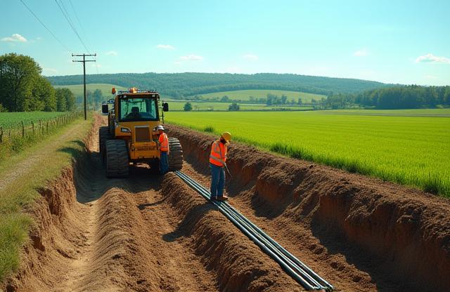 Verlegung von Glasfaserkabeln auf einer Baustelle im ländlichen Raum