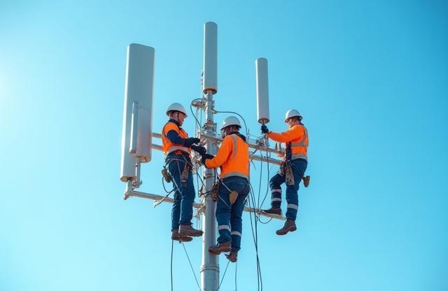 Installationsarbeiten an einem 5G-Antennensystem auf einem Mast