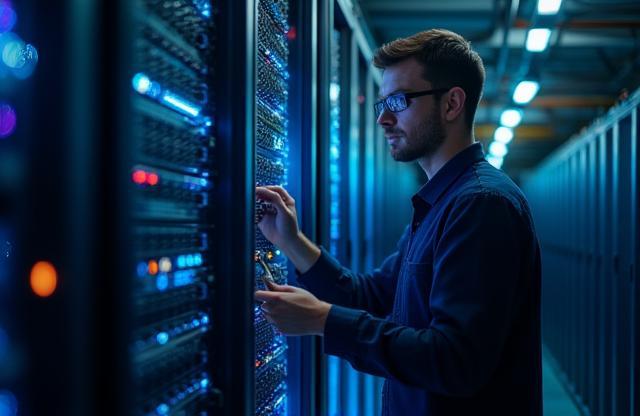 Techniker bei der Wartung von Netzwerkausrüstung in einem Serverraum