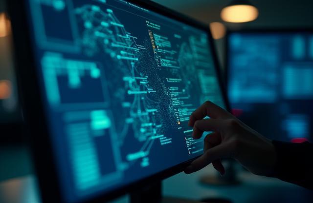 Detaillierte Netzwerkkarten und Planungssoftware auf einem Monitor