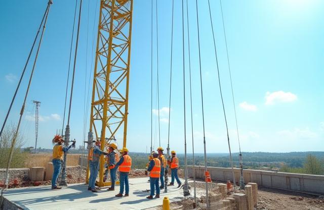 Baustelle eines Telekommunikationsmastes mit Bauarbeitern